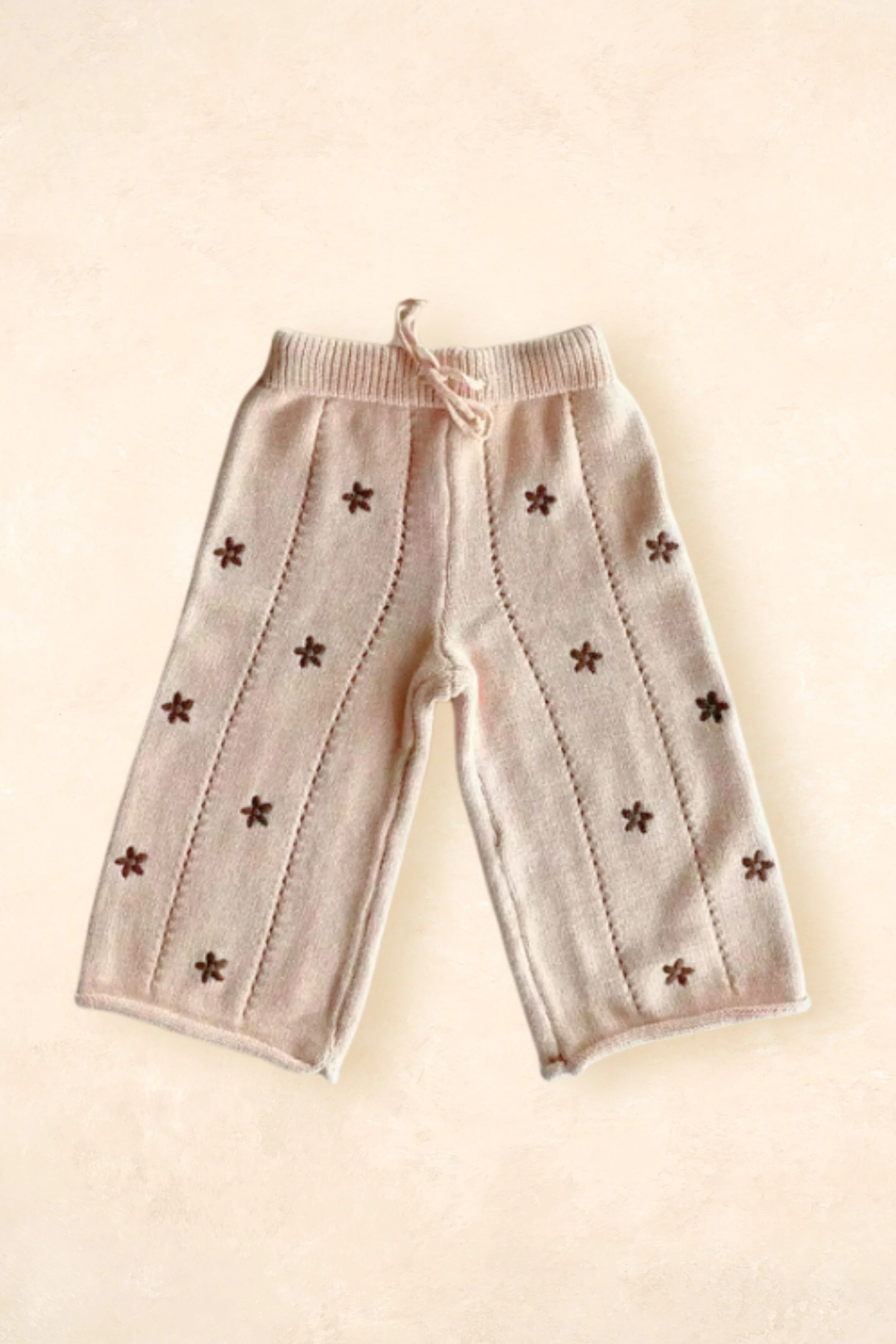Cotton Knit Pants - Embroidery Brown Daisy