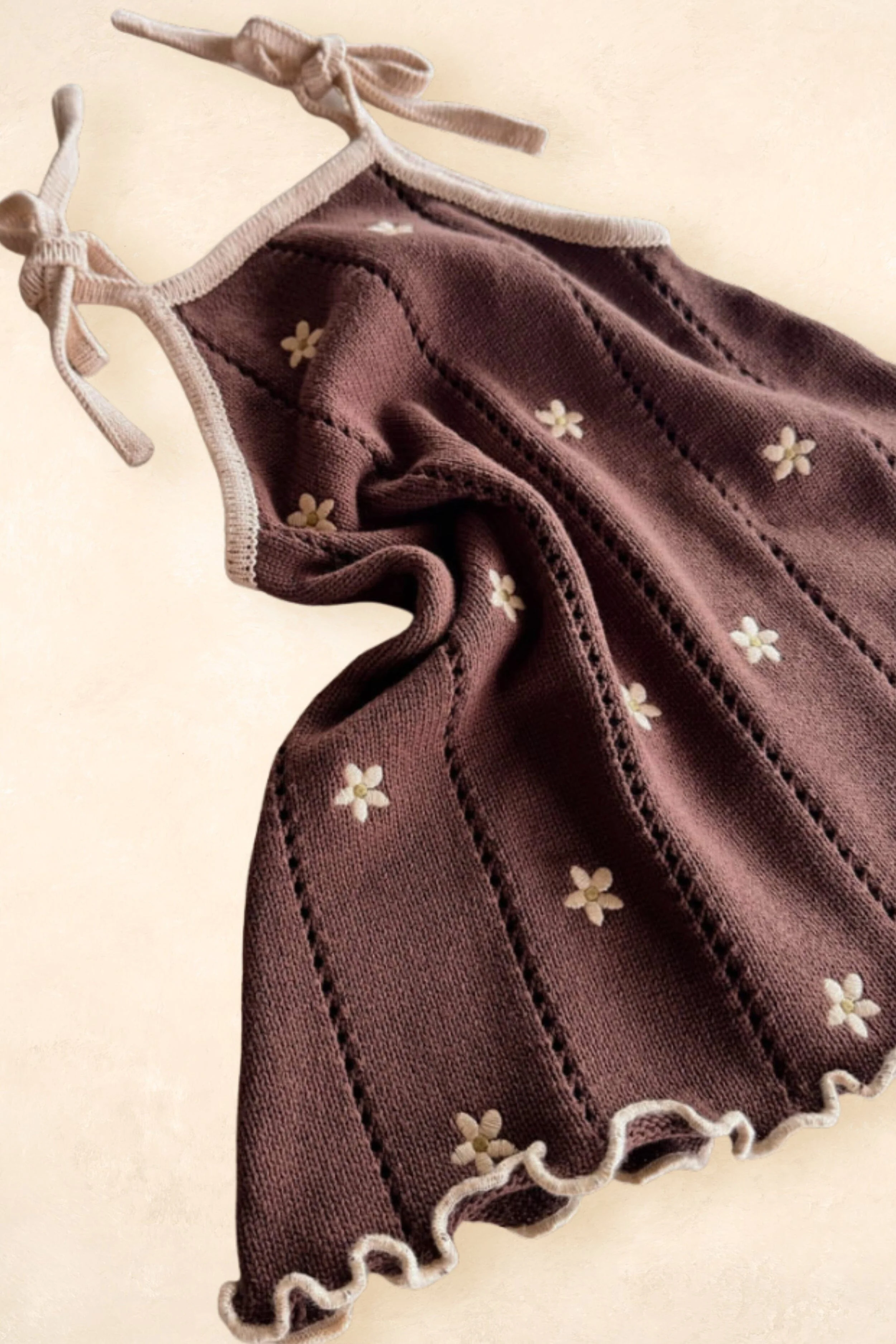 Pointelle Tie Dress - Brown Daisy - Image 3